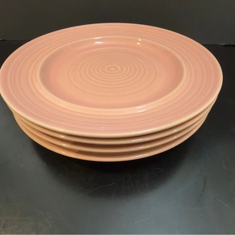 4 Signature Carnivale  Rose Pink 8” Plates Embossed Rings Stoneware Japan Set 4